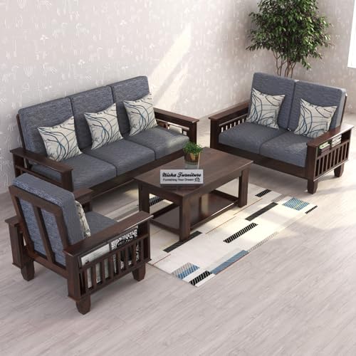 Image of Wooden Sofa Set 6 Seater Sofa for Living Room and Office | Sheesham Wood Sofa 3+2+1 Sofa Set with Cushions in (PG- Walnut Finish)