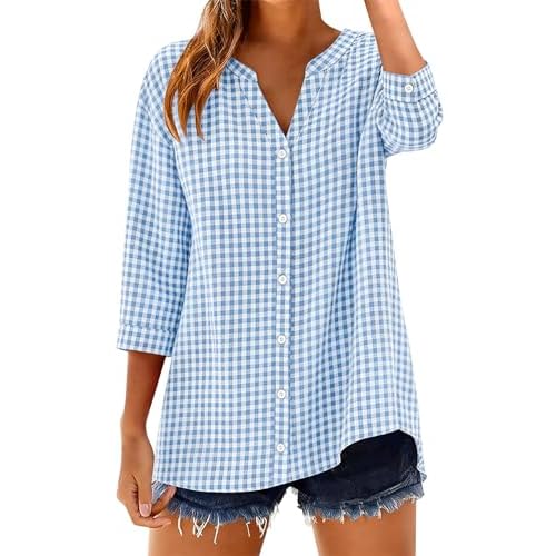 LOMON Cotton 3/4 Sleeve Button Down Shirts for Women Gingham Plaid Striped Tops V Neck Casual Loose Blouse