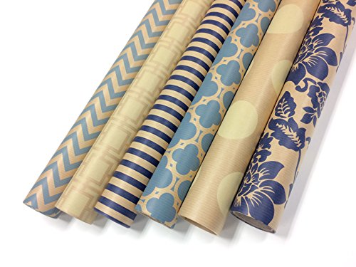 Note Card Cafe Bella Kraft All Occasion Wrapping Paper | 18 Pack | 30 x 120 inch Rolls | Blue, Cream | for Birthdays, Weddings, Showers, Gifts, Holidays, Christmas | Recyclable, Biodegradable
