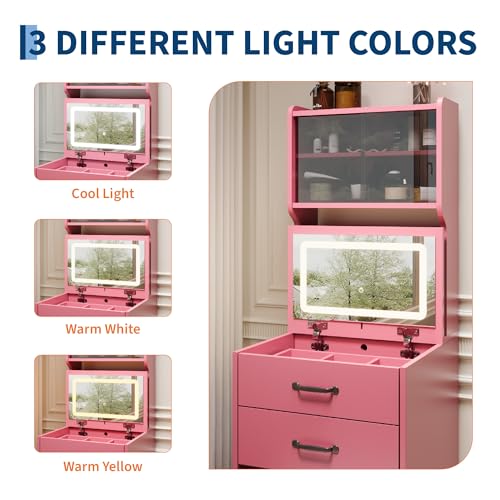 3 in 1 Vanity Desk with Flip Top Mirror, Compact Makeup Vanity Set with 3 Color LED, Dressing Table with 3 Drawers and Cabinet, Girls Small Vanity with Jewelry Box and Hidden Chair, Pink — view 4