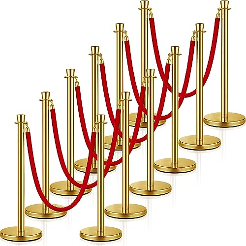 Wesiti 12 Pcs Stainless Steel Stanchion Post Queue, 5ft Red Velvet Rope Red Carpet Ropes and Poles Stanchions and Velvet Ropes Gold Stanchions with Red Rope Crowd Control Barriers for Party Supplies