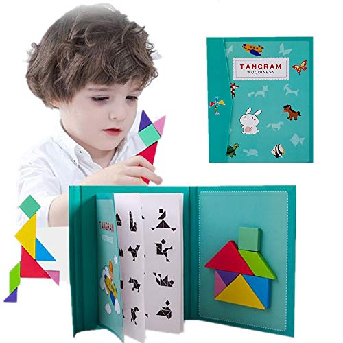 Wooden Tangram for Kids Magnetic Travel Pattern Puzzle Block Easel Book Brain Teasers