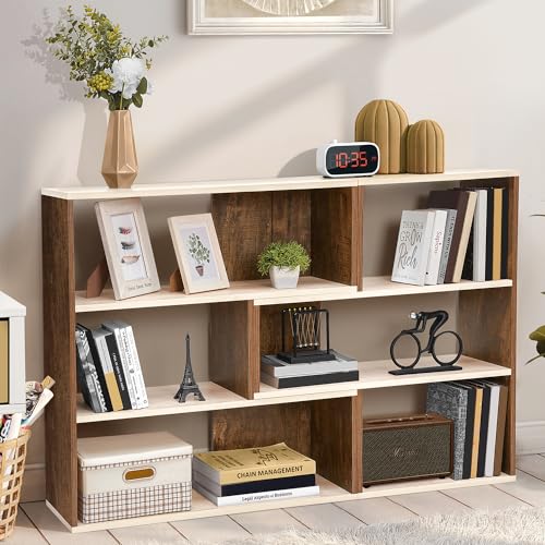 Image of ABOUT SPACE Book Shelf for Home Library-Rectangle /L-Shaped Rack for Storage 2 Ways 6 Compartment Book Stand Shelf for Bedroom, Livingroom Decor, Plants and Books (Oak White&Walnut-L128 x B30 x H85 cm)