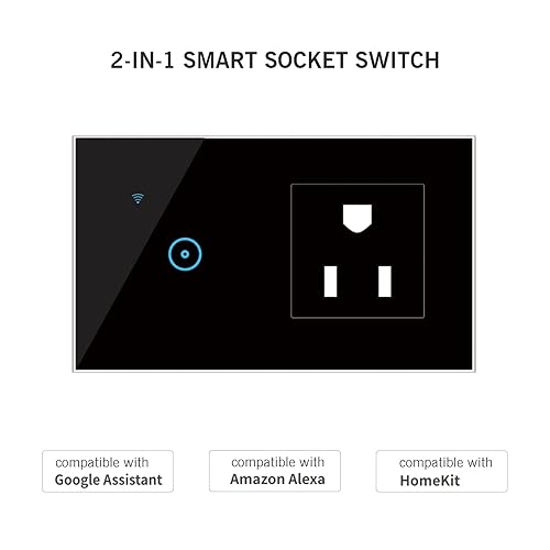 Miniatura 2 de Toma de pared inteligente Wi-Fi con interruptor táctil de 1 banda, negro, control táctil, operación manual, clasificación IP54, compatible con Alexa