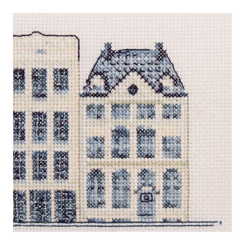 Image of Thea Gouverneur - Counted Cross Stitch Kit - Delft Blue Houses - Aida - 18 Count - Embroidery Kit for Adults - DMC Embroidery Threads and Other Cross Stitch Supplies Included - 552A