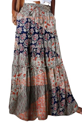 Jupe longue bohème floral imprimé d'été taille haute stretch