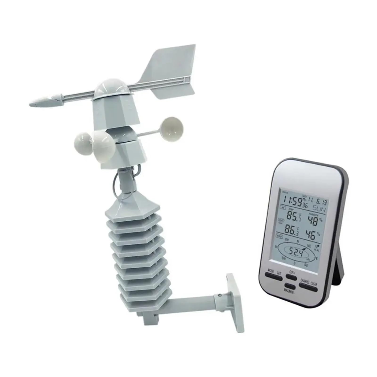 Drahtloser Anemometer Dual Mount Windsensor LCD Wetterstation Uhr Windgeschwindigkeit Richtung Chill Home Temperatur Luftfeuchtigkeit WS023