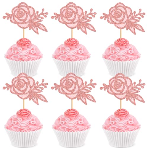 24Pcs Glitter Pink Rose Flower Cupcake Topper Double Layers Roses