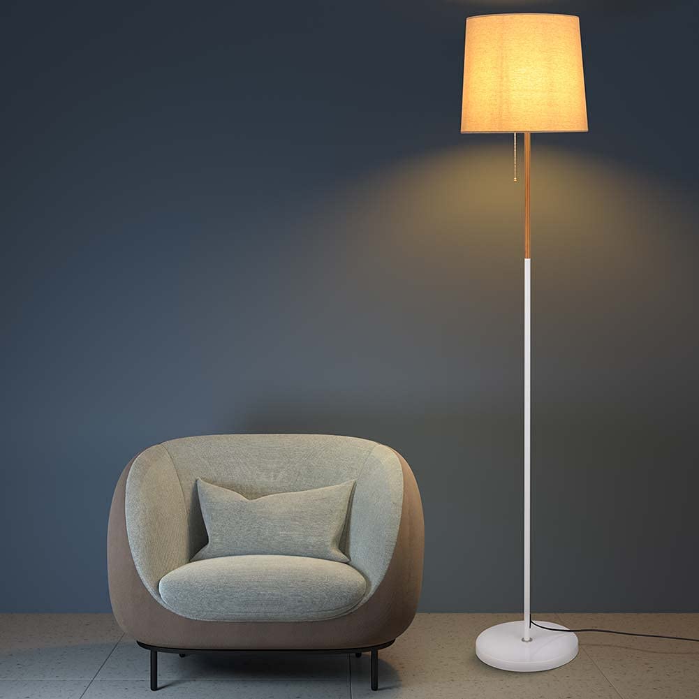 BAKAJI Lampada Piantana da Terra Luce Lampadina E27 Max 60W Base Rotonda Struttura in Metallo e Legno Paralume in Tessuto Design Moderno Accensione a Catena Altezza 170 cm (Bianco)