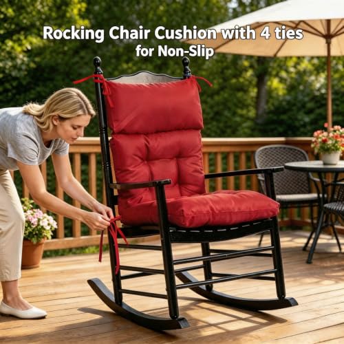 Image of QILLOWAY Outdoor Rocking Chair Cushions Set of 4, 100% Polyester Waterproof Patio Rocking Chair Cushion, High Back Weatherproof Chair Pad for Adirondack & Outdoor Furniture, Red