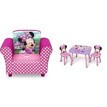 Delta Children Upholstered Chair, Wood, Disney Minnie Mouse & Kids Table and Chair Set 2 Chairs Included - Ideal for Arts & Crafts, Snack Time, Homeschooling, Homework & More, Disney Minnie Mouse