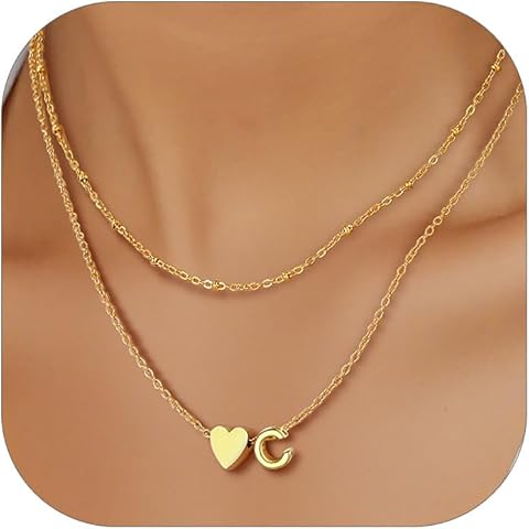 PROSTEEL Layered Heart Initial Necklaces for Women, Stainless Steel/18K Gold Heart Initial A-Z Letter Charm, Dainty Heart Necklaces Birthday Mothers Day Gift for Her Mom