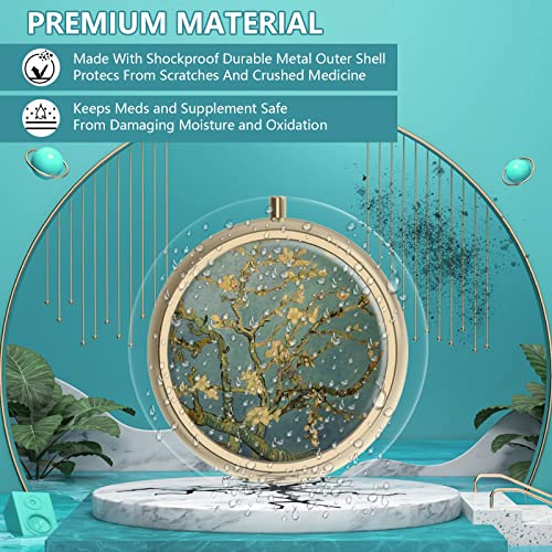 Pillendoosje met spiegel, retro 3 compartimenten, kleine pillenetui voor portemonnee of zak, brons, kleine ruwe pillendoos of vitamines, visolie, supplementen, pillen bevatten reisgeschenken (Vangogh - Afbeelding 3