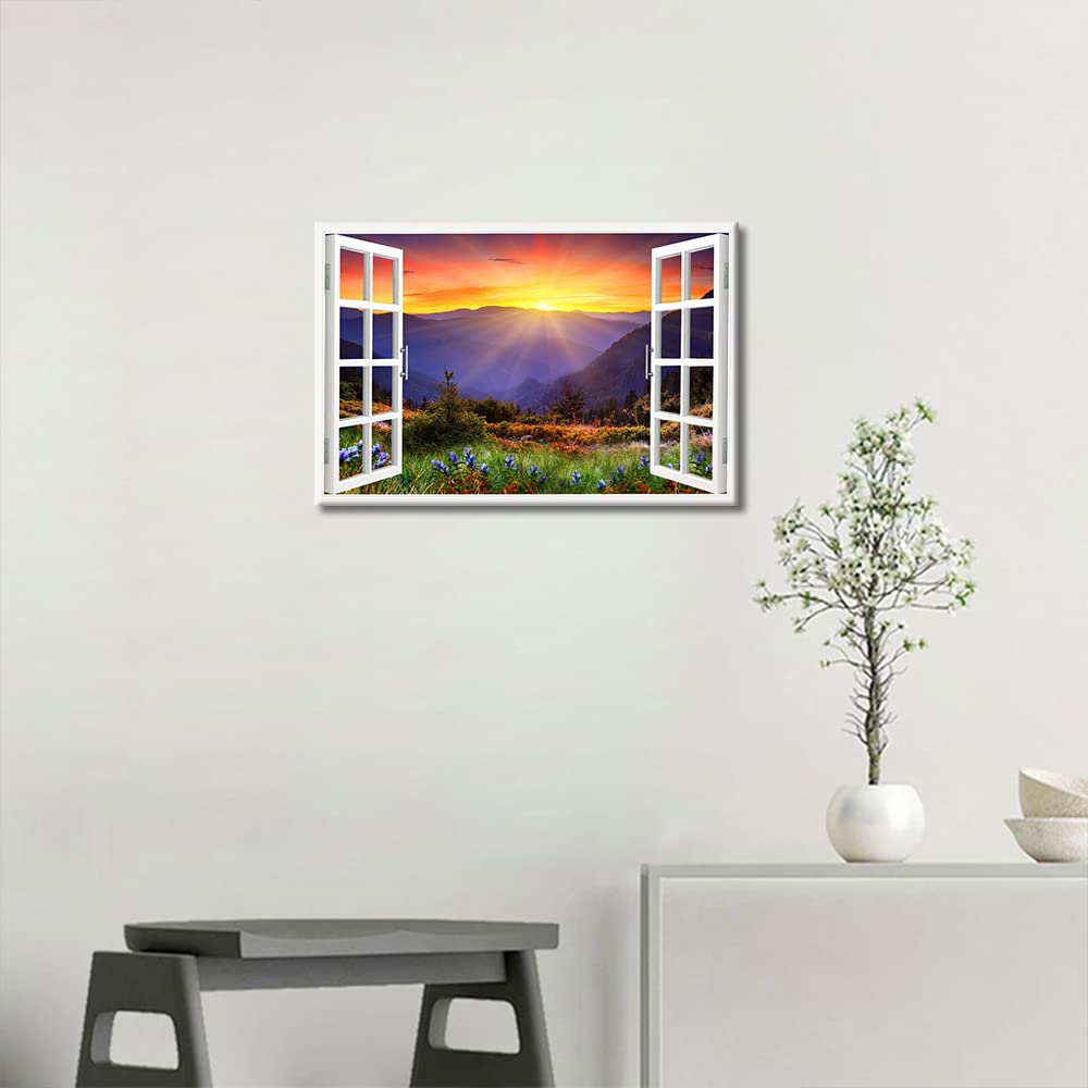 Window Frame Wall Decor A Peaking View Through The Forest of The Morning Sunrise Picture Canvas Wall Art for Bedroom Canvas Wall Art Modern Artwork Office Decor Framed Ready to Hang (18"W x 12"H) - Image 4
