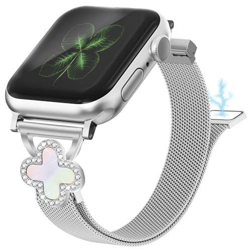 Joyozy Slim Metal Band Compatible with Apple Watch Band 38mm 40mm 41mm 42mm 44mm 45mm 46mm 49mm Skinny Magnetic Strap with Bling Charms, Cute Stainless Steel Band, Dressy Thin iWatch Bracelet for Women