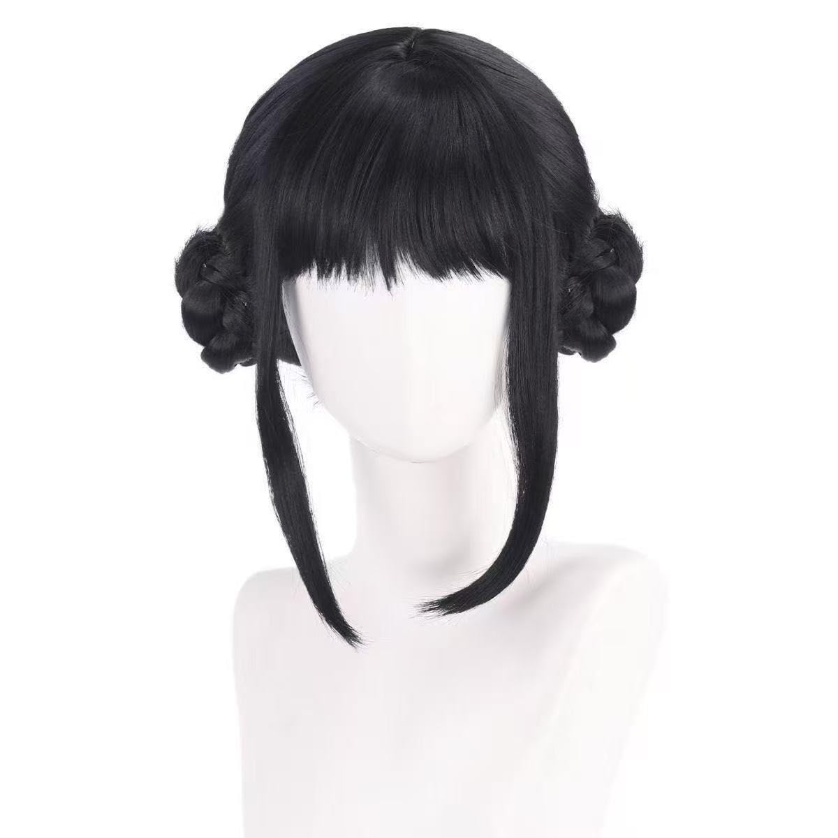 Topcosplay Female Anime Cosplay Black Double Braid Wig Halloween Costume Party Wig(A pair of earrings+hairnet)