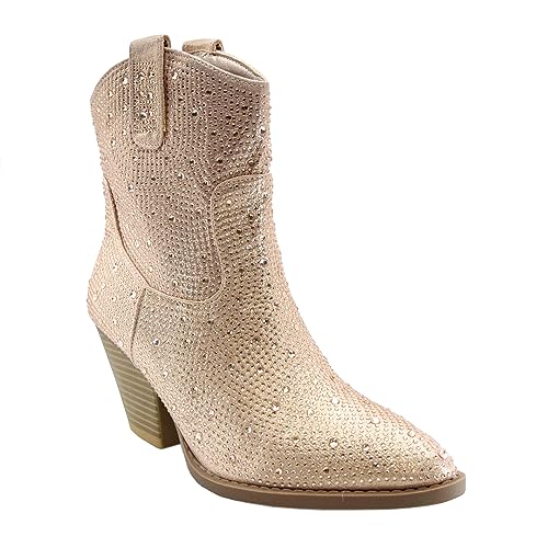 Image of ABSOLEX Women Western Cowgirl Cowboy Pointed Toe Rhinestone Ankle Booties | Casual Boots