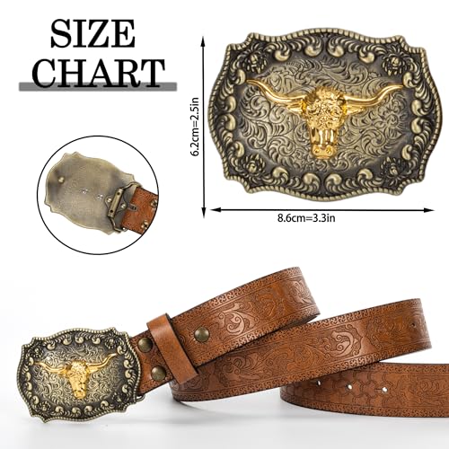 Western Cowboy Buckle Belts for Men Women - PU Leather Long Horn Floral Engraved Cowgirl Belt for Jeans4