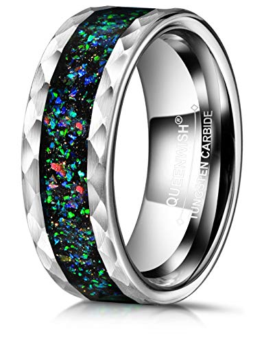 Queenwish 8mm ブラック タングステンリング メンズ レディース 結婚指輪 婚約指輪 銀河 人工オパール タイガーアイ はめ込み 槌目加工 ベベルエッジ 快適フィット サイズ6-13, 11.5, 炭化タングステン, 合成オパール