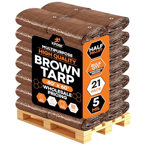 Image of Multipurpose Protective Cover Brown Poly Tarp 40' x 60' - Bulk Half Pallet (21 Pack) Durable, Water Resistant, Weather Resistant - 5 Mil Thick Polyethylene - by Xpose Safety