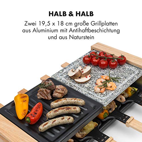 Foto von Klarstein Chateaubriand Nuovo - Raclette-Grill, 1200 Watt, Grillplatte 39 x 18 cm, stufenloses Thermostat, 8 Personen, Raclette-Pfännchen aus Stahl, Grill- und mit Natursteinplatte