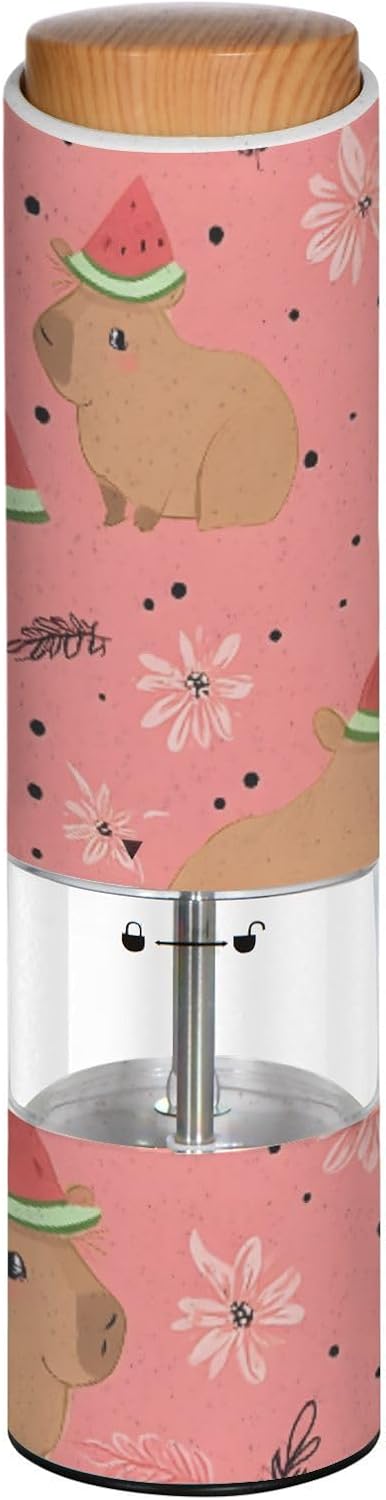 ALAZA Electric Pepper Grinder with Adjustable Coarseness, Capybara Watermelon Pattern Pink Battery Automatic Salt and Pepper Mill with Led, One-Handed Operation Spice Grinder for Kitchen, Camping & BB