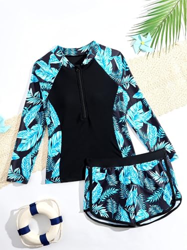 TiaoBug Big Girls UPF 50+ 2 Pieces Rash Guard Sets Floral Swim Shirts with Shorts Sporty Swimwear3