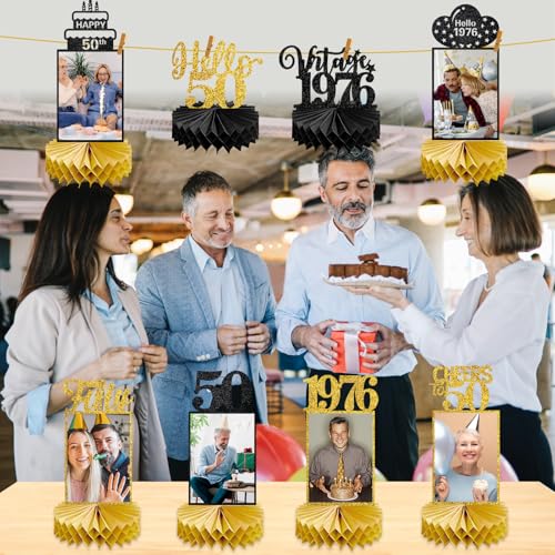 Image of Eucutur 8Pcs 50th Birthday Decorations Honeycomb Centerpieces for Women Men, Black Gold Vintage 1976 50th Bday Photo Table Centerpieces Party Supplies, Glitter Cheers to 50 Year Old Bday Table Topper