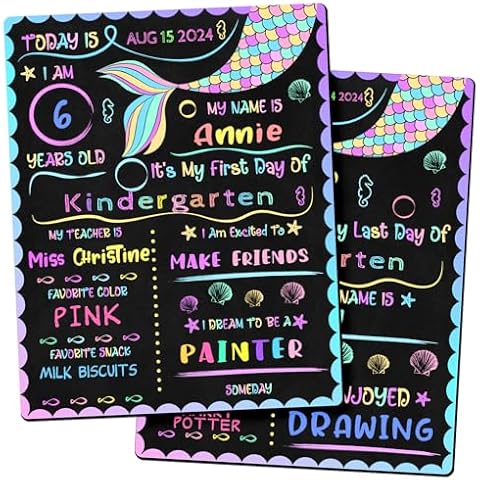 First and Last Day of School Board 10" x 12" Double Sided First Day of School Sign Reusable Back to School Board for Kids 1st Day of School Chalkboard Preschool Kindergarten Photo Props（Mermaid） Cover