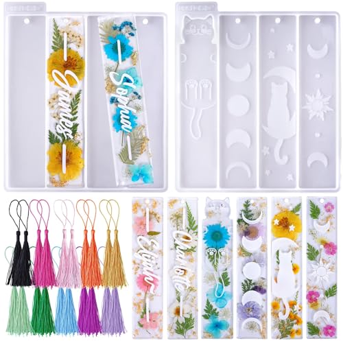 LETS RESIN Bookmark Resin Molds Silicone 1.5 Wide Blank and Cat Moon Pattern Silicone Bookmarks Molds Kit with 20pcs Tassels Rectangle Bookmark Molds for Epoxy Resin Casting Crafts