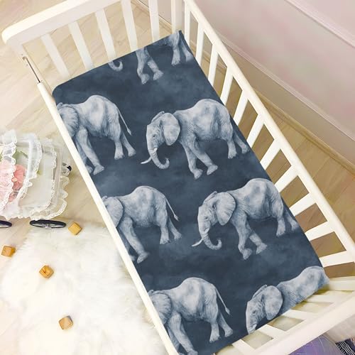 Image of Grey Vintage Elephant Crib Sheets Soft Breathable Fitted Baby Crib Sheets Mattress Cover for Girls Boys, 52 inch x 28 inch x 9 inch