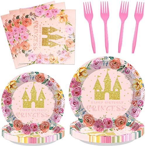 96Pcs Princess Party Supplies | Princess Themed Birthday Party Decorations For Girls | Princess Birthday Tableware Set With Flower Castle | Girls Birthday Paper Plate, Napkins, Forks Serves 24 Guests #TOP1
