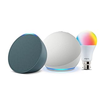 Echo Dot (5th Gen, White) and Echo Pop (Green) combo with Wipro 9W LED Smart Bulb