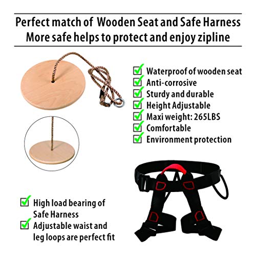 Zipeak Zipline For Kids And Adult, Zipline Kits For Backyard With Spring Brake, Cable Tensioning Kit, 2 Tree Protectors, Wooden Seat And Full Set Of Zip Line Accessories(Without Main Cable) (Red) #TOP3