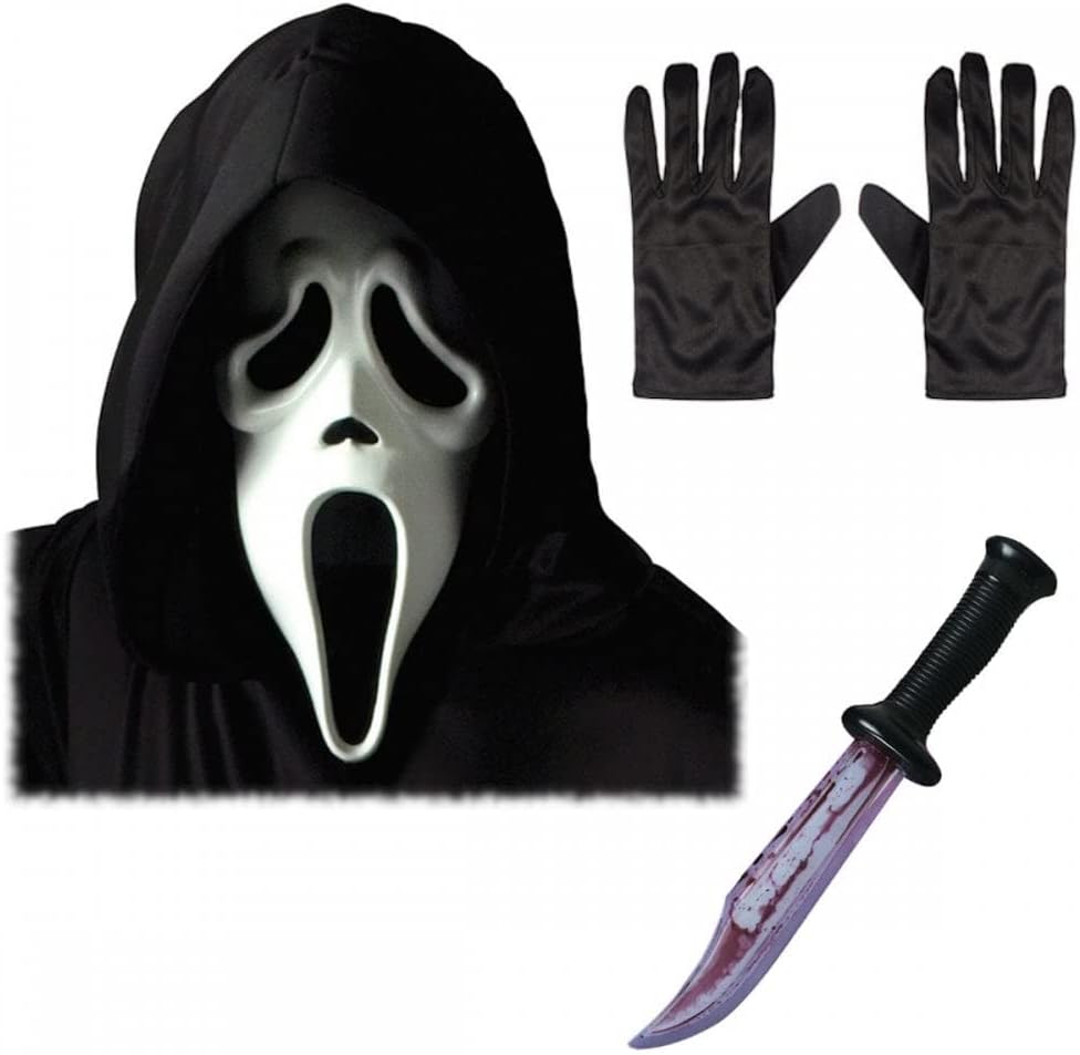 Adult Unisex Official Scream/Ghost Face Mask with Hood + Black Gloves + Bloody Blade ; Halloween Fancy Dress Accessory Set