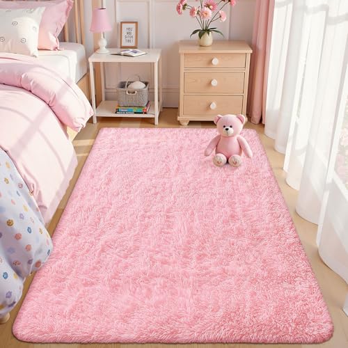 OLANLY Area Rugs for Living Room Bedroom, Machine Washable 4x5.9 ft Soft Fluffy Shaggy Bedside Rug, Indoor Floor Carpet for Kids Girls and Boys, Dorms, Nursery Rooms, Home Decor Aesthetic, Pink