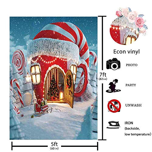 Funnytree 5X7Ft Vinyl Christmas Candy Cup House Photography Backdrop Snow Pine Tree Red And White Stripes Background Children Newborn Baby Portrait Photo Studio Photobooth Props #TOP2