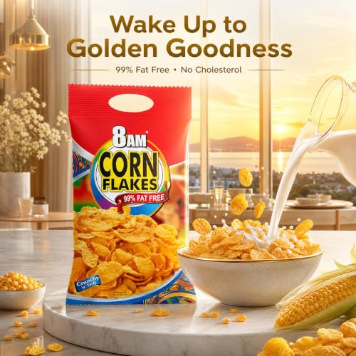 Image of 8AM Corn Flakes 500g, 92% Corn, 99% Fat Free, No Cholesterol, Trans Fat, Artificial Additives, Vitamins B1, B2, B3, B6, B9, Iron, Calcium, Crunchy & Nutritious Cereal