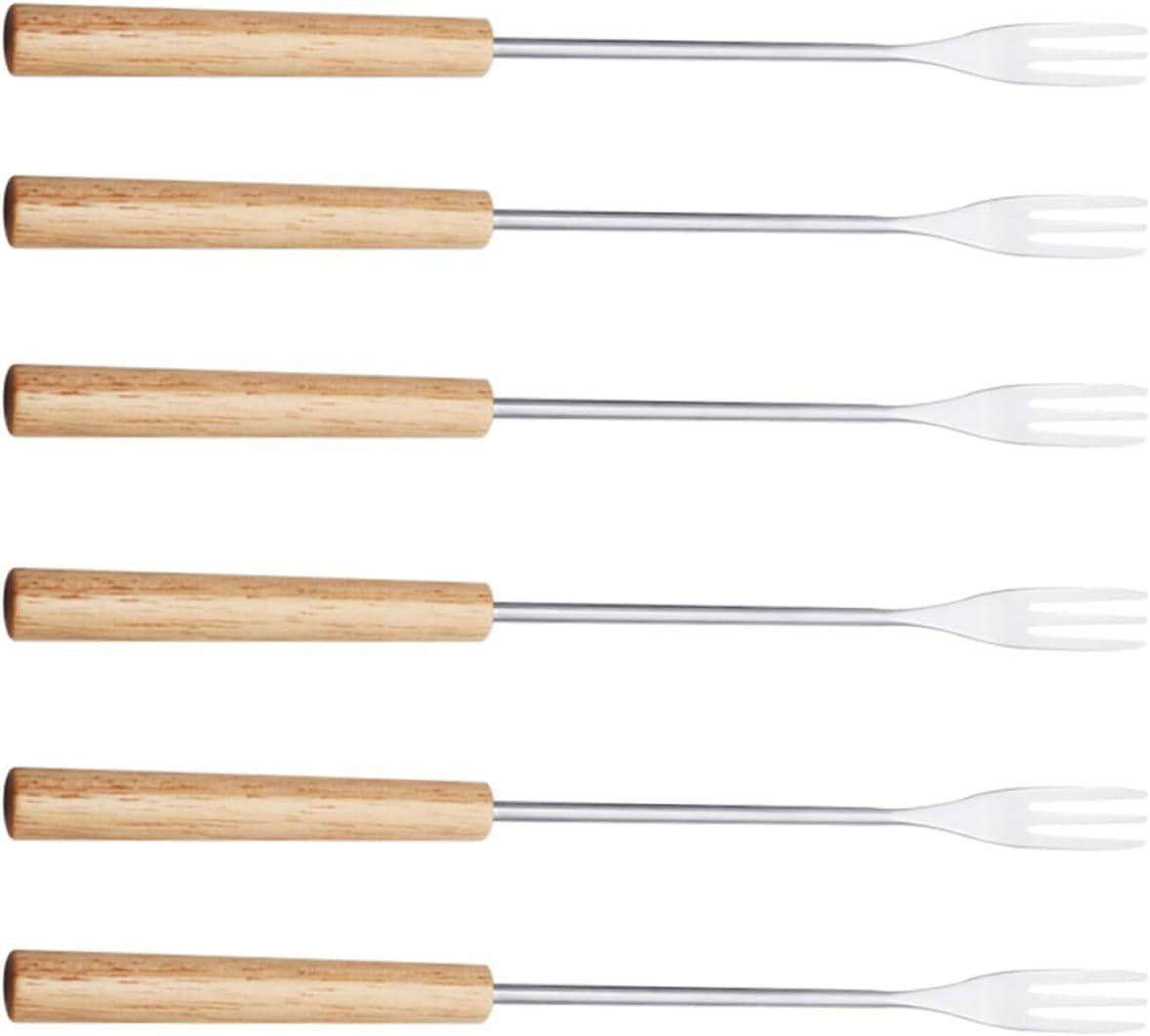 Stainless Steel Wooden Handle Fondue Forks 6pcs Set Long Handle Chocolate Fruit Grill Forks for Household Cheese Ice Cream Dining