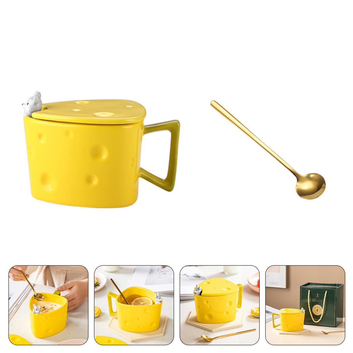 MAGICLULU Keramik Kaffeebecher mit Griff und Deckel Käseförmige Tasse aus Edelstahl und Keramik Leicht zu Reinigen für Frühstück und Balkon