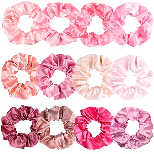 R HORSE 12 Packs Silk Satin Hair Scrunchies Solid Pink Color Elastic Ties Ponytail Holders Hair Bands Hair Bobbles Hair Accessories for Women Lady