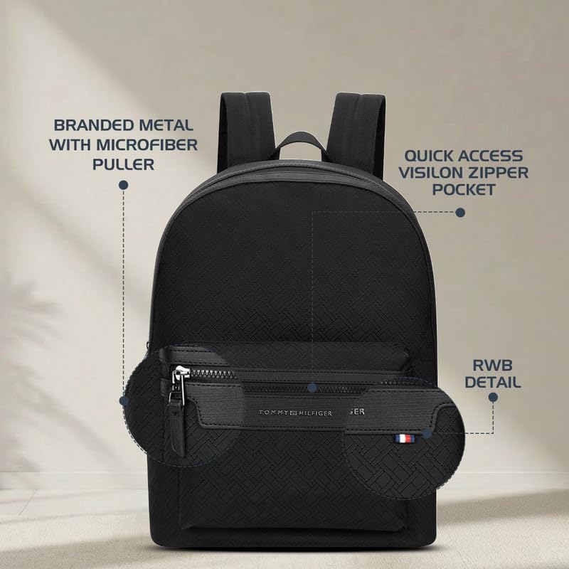 Image of Tommy Hilfiger Unisex Laptop Backpack Flexon - Black | 14 inch Padded Tech Sleeve | Eva Laminated Jacquard Twill With Rwb Webbing & File Organiser | Backpack For Office, College & Work | 23L Capacity