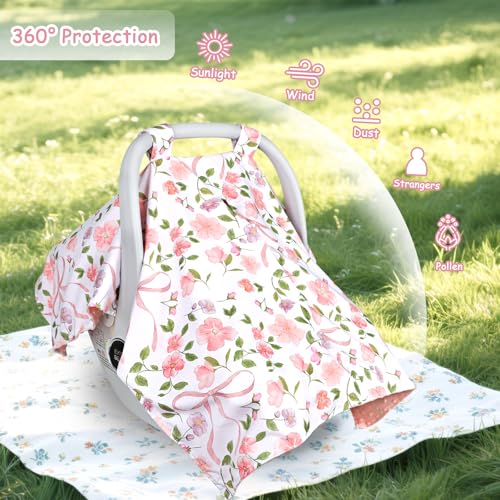 Image of TANOFAR Baby Carseat Canopy, Peekaboo Opening Car Seat Canopy for Babies, Soft and Breathable Infant Carrier Canopy, Multi-use Baby Carrier, Stroller, Nursing Cover, Minky Blanket, Pink Bow