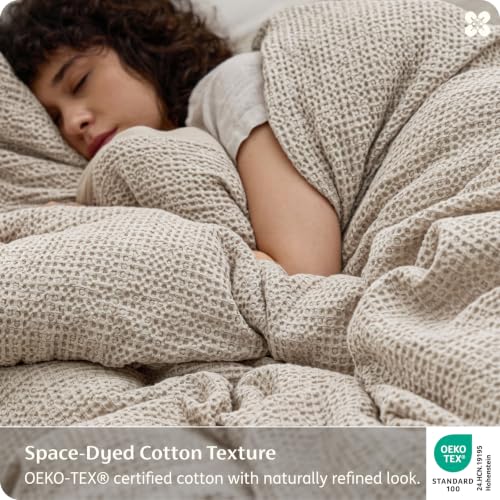 Image of Bedsure PureWoven 100% Cotton Waffle Duvet Cover Set, King, Linen Color