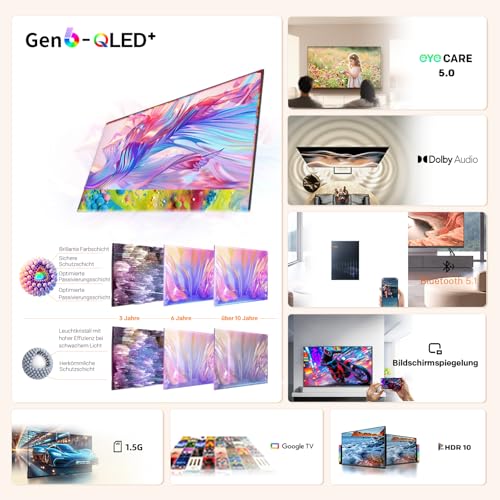 coocaa 32 Zoll Smart TV, 80cm, QLED Fernseher mit Google TV, HDR10, HLG, Dolby Audio, EyeCare, Triple Tuner DVB-T/-T2/-C/-S/-S2 CI+… – Ansicht 2