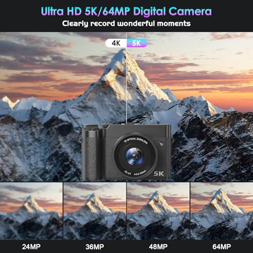 5K Digital Camera, WiFi Cameras for Photography & Video with 3X Optical Digital Zoom, Autofocus Vlogging Camera for YouTube, 64MP Travel Digital Camera with 64GB Card, 2 Batteries - Image 4