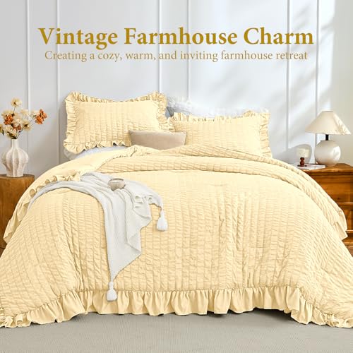 Image of JOLLYVOGUE King Size Comforter Set, 3 Pieces Light Yellow Seersucker Comforters King Size, Lightweight & Fluffy Bedding Sets King for All Season with 1 Ruffle Comforter and 2 Ruffle Pillowshams