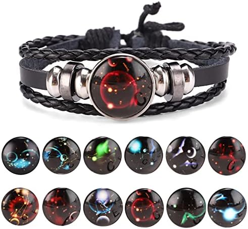 12 Zodiac Constellation Bracelet, Braided Leather Bracelet with Luminous Glass Dome, Adjustable Charm Fashion Constellation Bracelet Men Women for Lovers Couple Friends Family