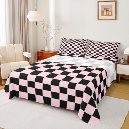 Image of Erosebridal Plaid Bed Sheets Queen Pink Black Checkerboard Sheet Set Geometric Checkered Bedding Set for Kids Boys Girls,Aesthetic Grids Fitted Flat Sheets 4 Piece
