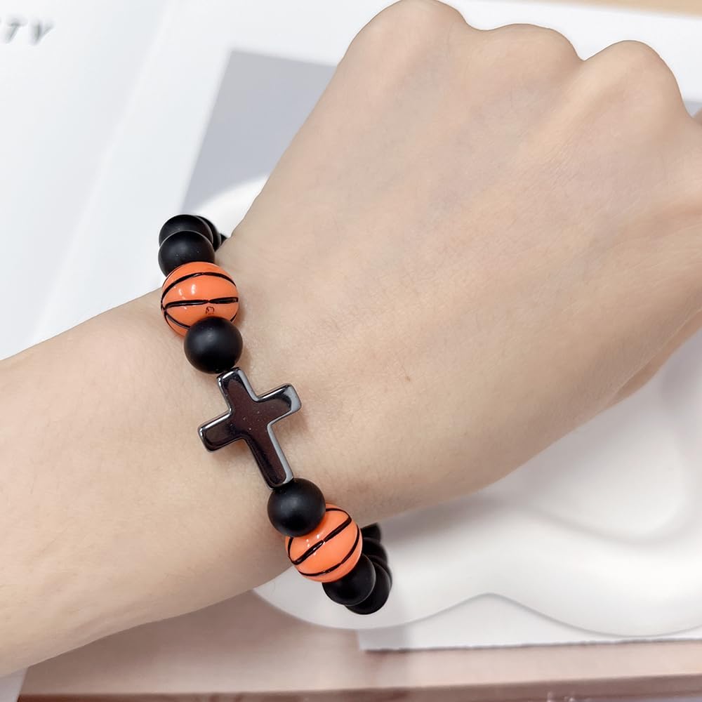 Men's Cross Bracelet Football Baseball Basketball Soccer Sports theme Bracelet Beaded Balls Black Birthday Christmas Bangle Gifts for Player Son Grandson Team Friends Fan with Message Card (Basketball)